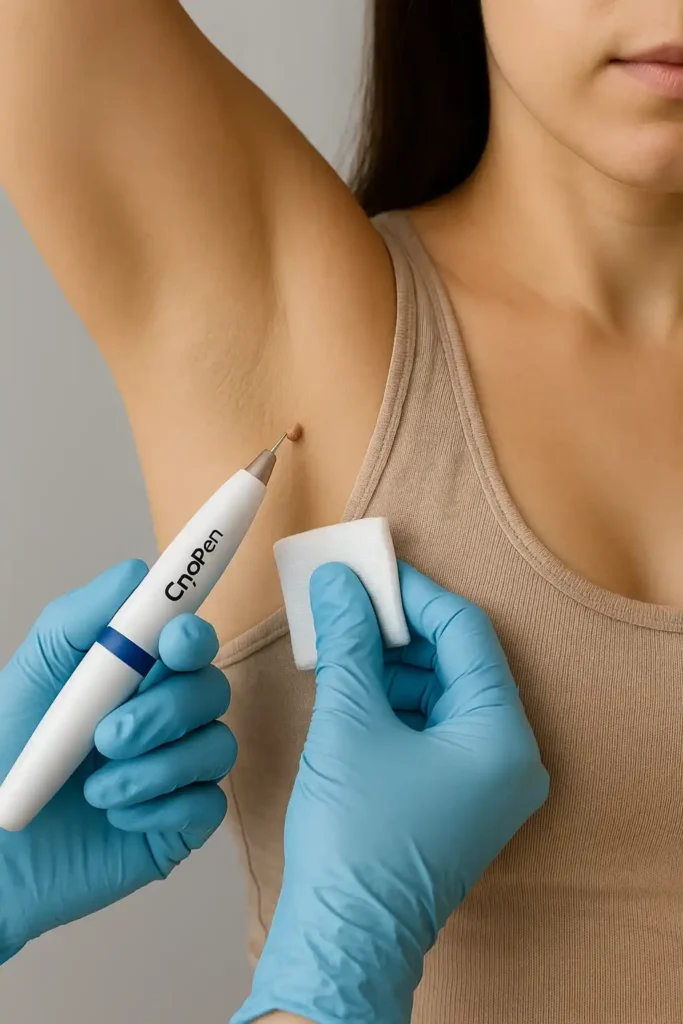 woman having cryopen to remove underarm skin tags Falkirk