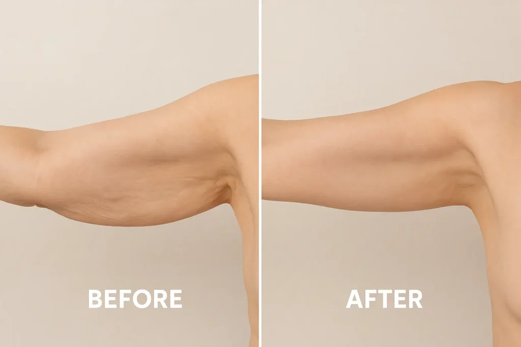 Picture of LA LIPO Falkirk before and after results of skin tightening treatment on the upper arms.