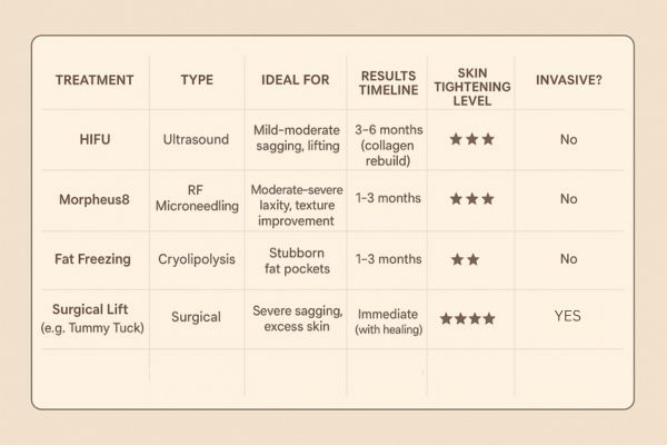 Table showing the comparisons of Skin tightening Falkirk treatment options. 